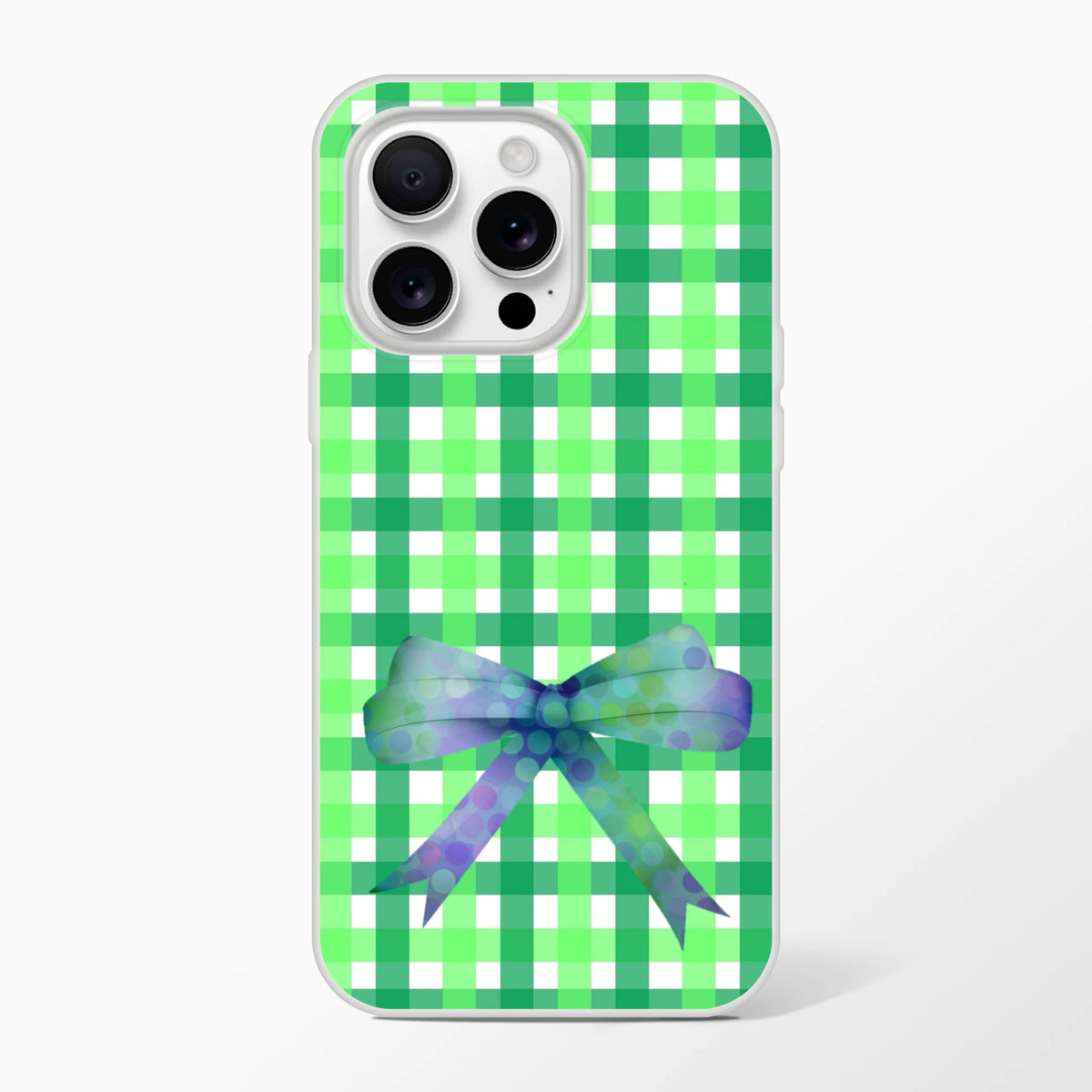 Green Gingham Bow iPhone Case (13-16), Cute Coquette aesthetic; frosty transparent TPU with bow, shock-absorbing
