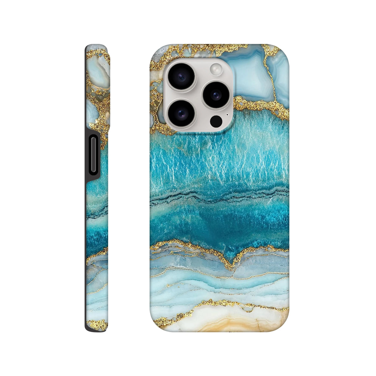 Teal and gold marble iPhone case featuring blue agate stone pattern and protective edge for iPhone 13-16 models