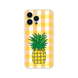 Pineapple graphic on a yellow gingham iPhone case for iPhone 13-16, summer aesthetic.