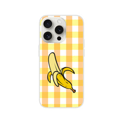 Yellow gingham banana iPhone case for 13–16, bold streetwear accessory and protective shell