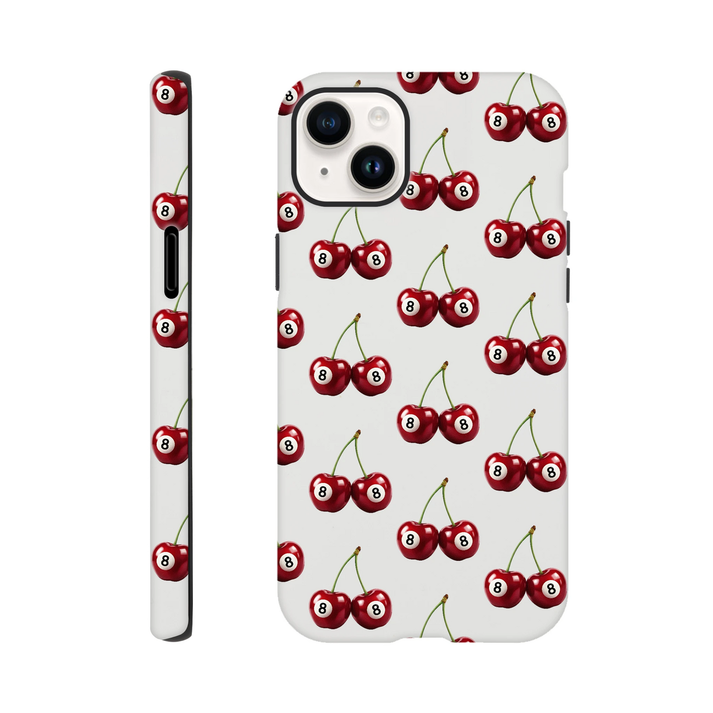 Lucky Cherries tough protective case for iPhone 16/15/14/13 with cherry-pattern wraparound print and glossy finish.