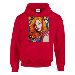 Retro redhead pop-art woman hoodie for men with bold colorful graphic.