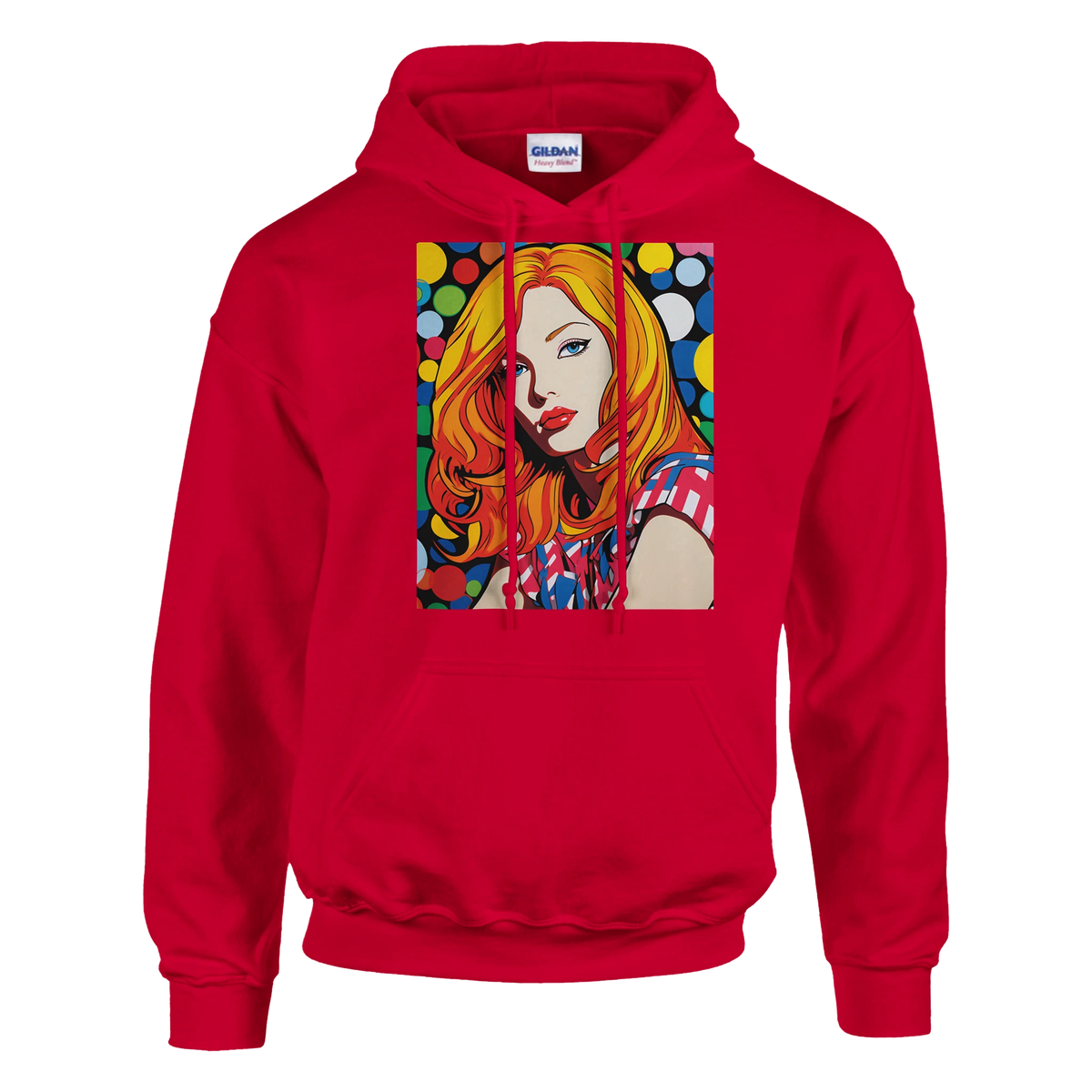 Retro redhead pop-art woman hoodie for men with bold colorful graphic.
