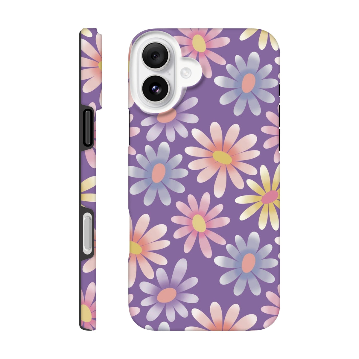 Purple retro floral iPhone case with pastel daisies, shock-absorbing TPU cover for models 13-16.