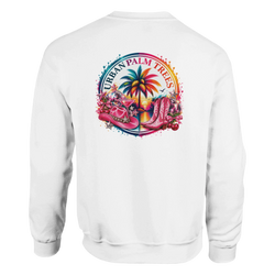 White sweatshirt back featuring tropical retro graphic with pink cowboy hat, boots, disco ball, and palm tree under "Urban Palm Trees" text.