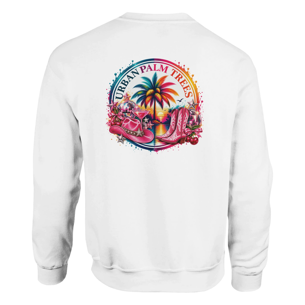 White sweatshirt back featuring tropical retro graphic with pink cowboy hat, boots, disco ball, and palm tree under "Urban Palm Trees" text.