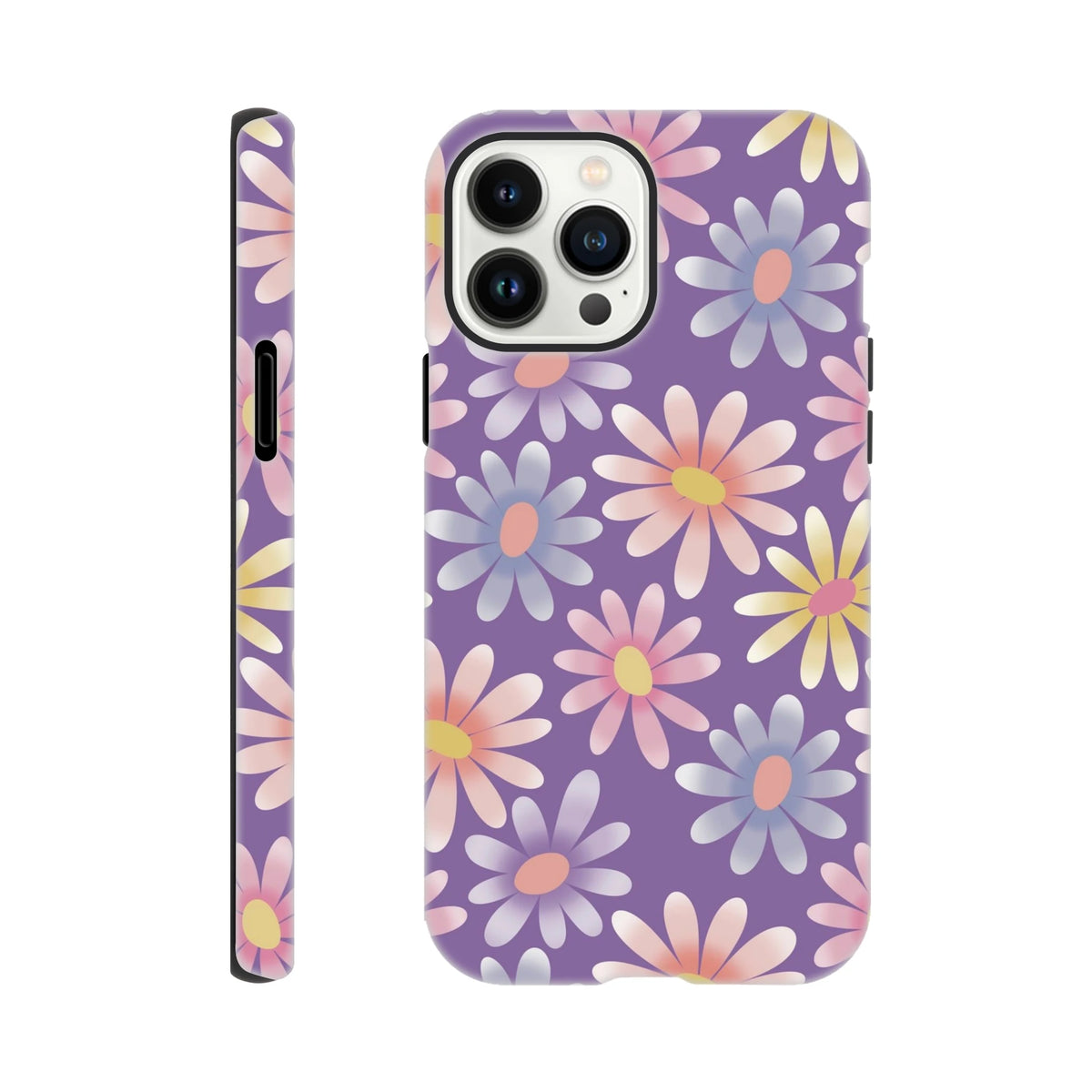 Purple iPhone case featuring a retro pastel daisy floral pattern with shock-absorbing TPU protection for models 13-16.