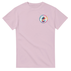Light pink t-shirt featuring a colorful circular Urban Palm Trees graphic on the chest with a vibrant retro palm tree and sunset design.