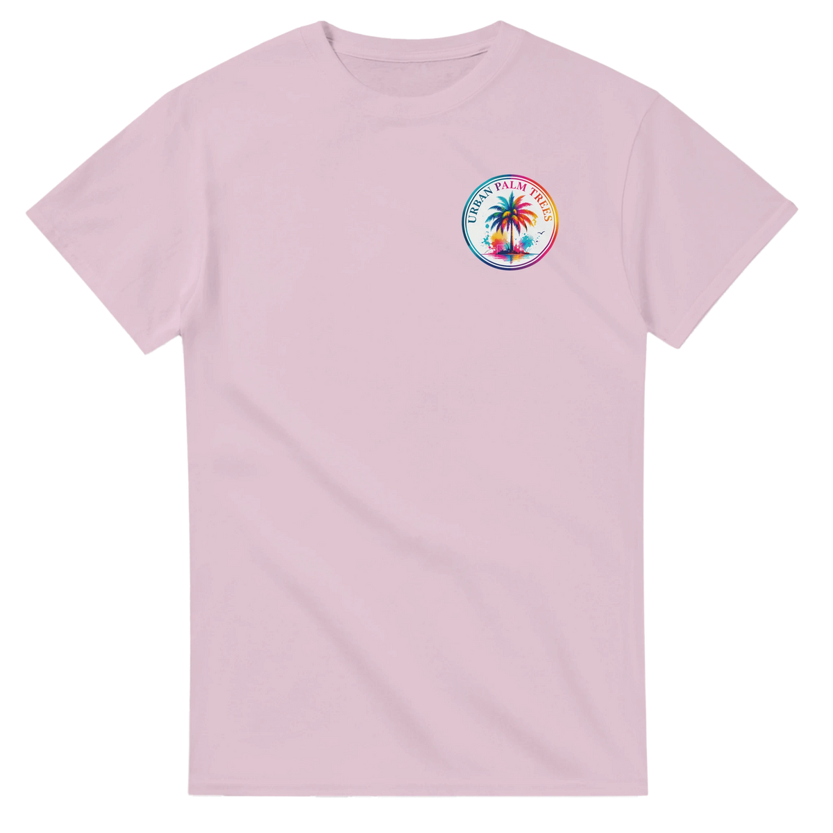 Light pink t-shirt featuring a colorful circular Urban Palm Trees graphic on the chest with a vibrant retro palm tree and sunset design.