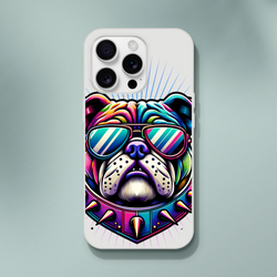 Bull Dog phone case for iPhone 13-16 featuring a colorful bulldog wearing mirrored sunglasses and a spiked collar.