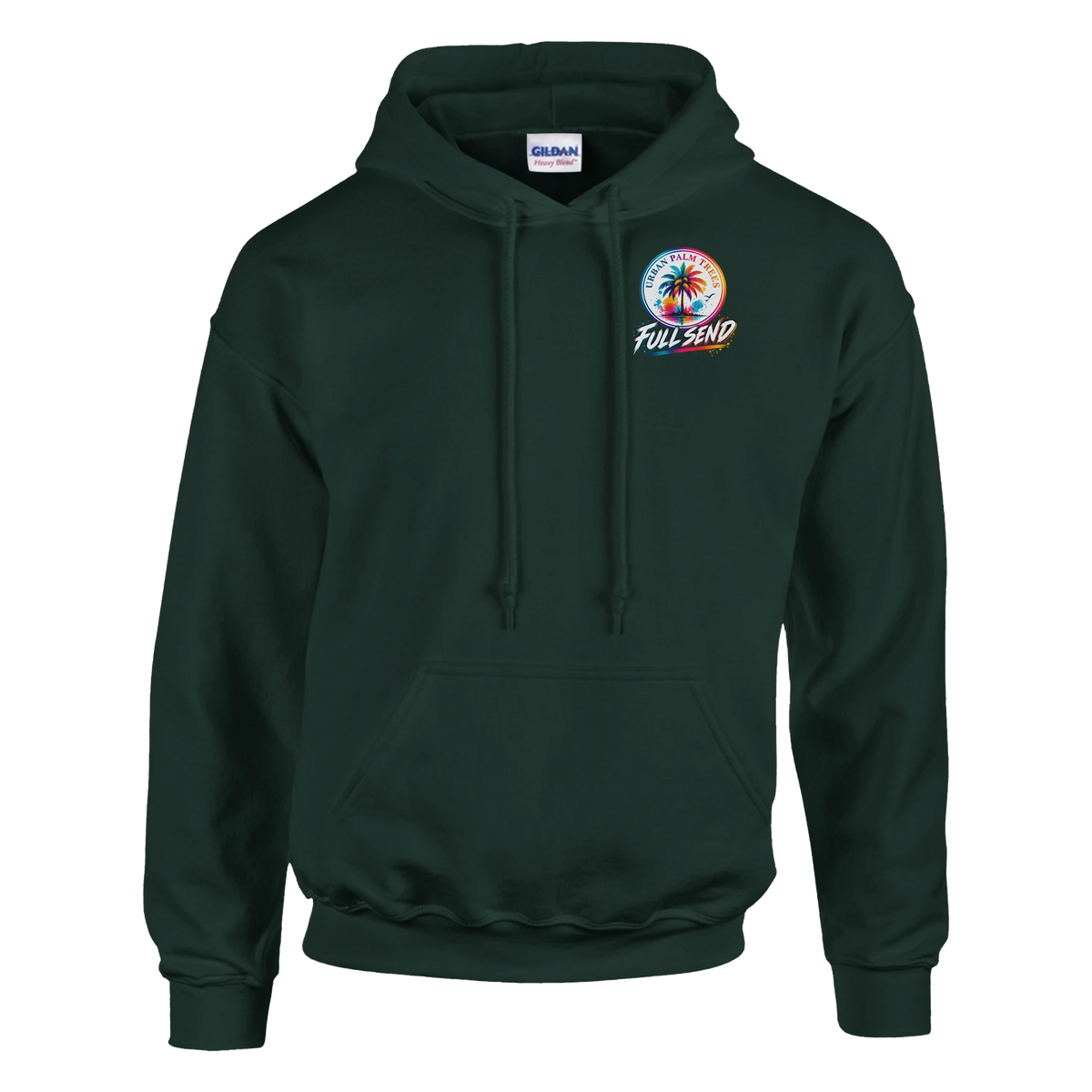 Dark green Built Not Bought hoodie for men featuring a colorful Urban Palm Trees Full Send graphic, perfect for modified car culture streetwear.