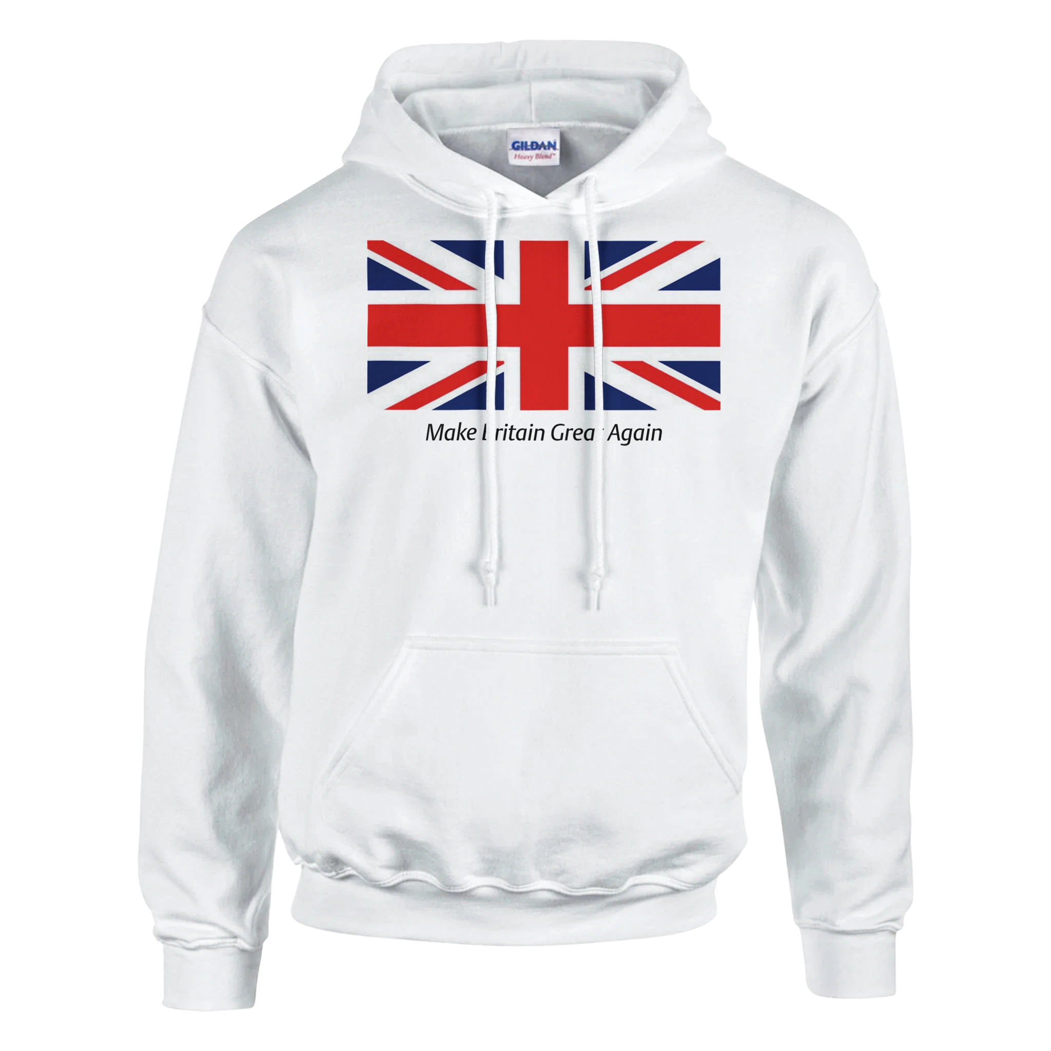 Men's Union Jack hoodie, cotton blend, white with UK flag graphic and Make Britain Great Again slogan, sizes S to XL.