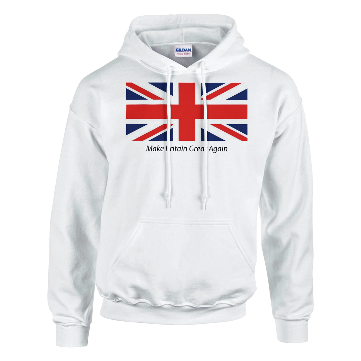Men's Union Jack hoodie, cotton blend, white with UK flag graphic and Make Britain Great Again slogan, sizes S to XL.