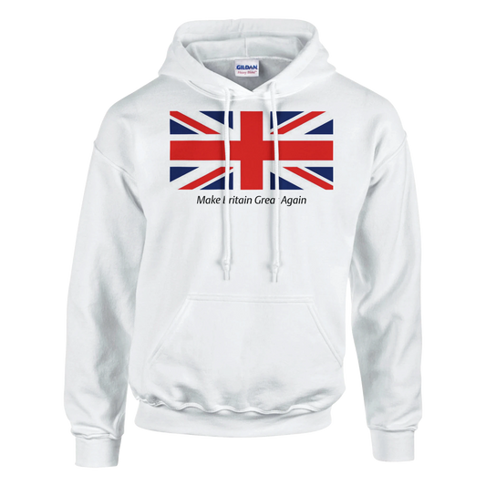 White men's union jack hoodie with a white background