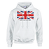 Men's Union Jack hoodie, cotton blend, white with UK flag graphic and Make Britain Great Again slogan, sizes S to XL.