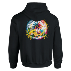 Black hoodie back featuring colorful retro tropical print with palm tree, lemons, and paint splashes.