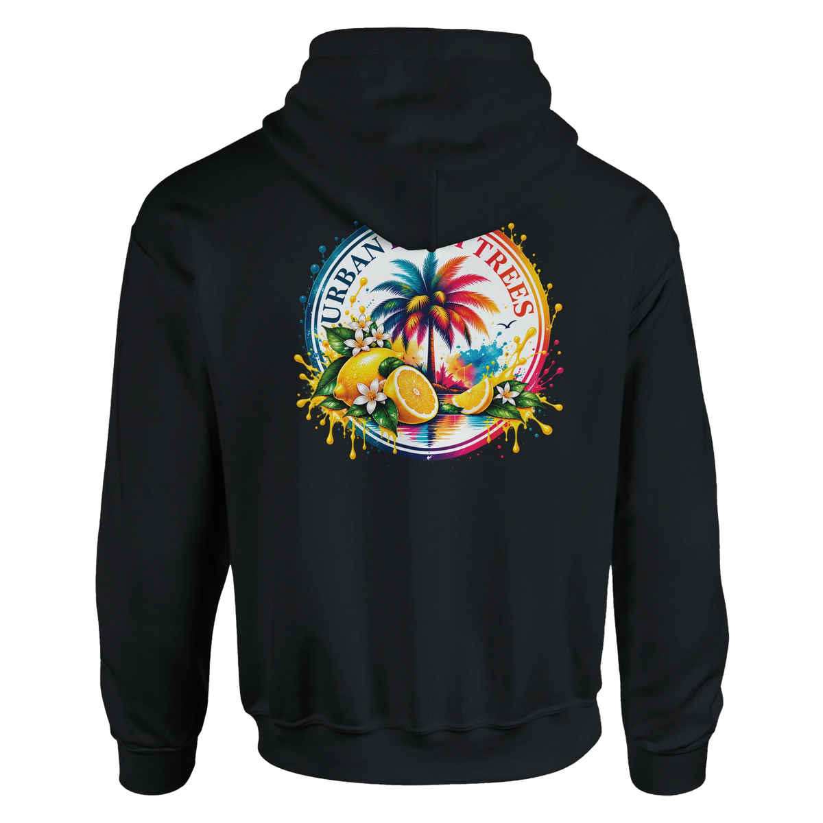 Black hoodie back featuring colorful retro tropical print with palm tree, lemons, and paint splashes.