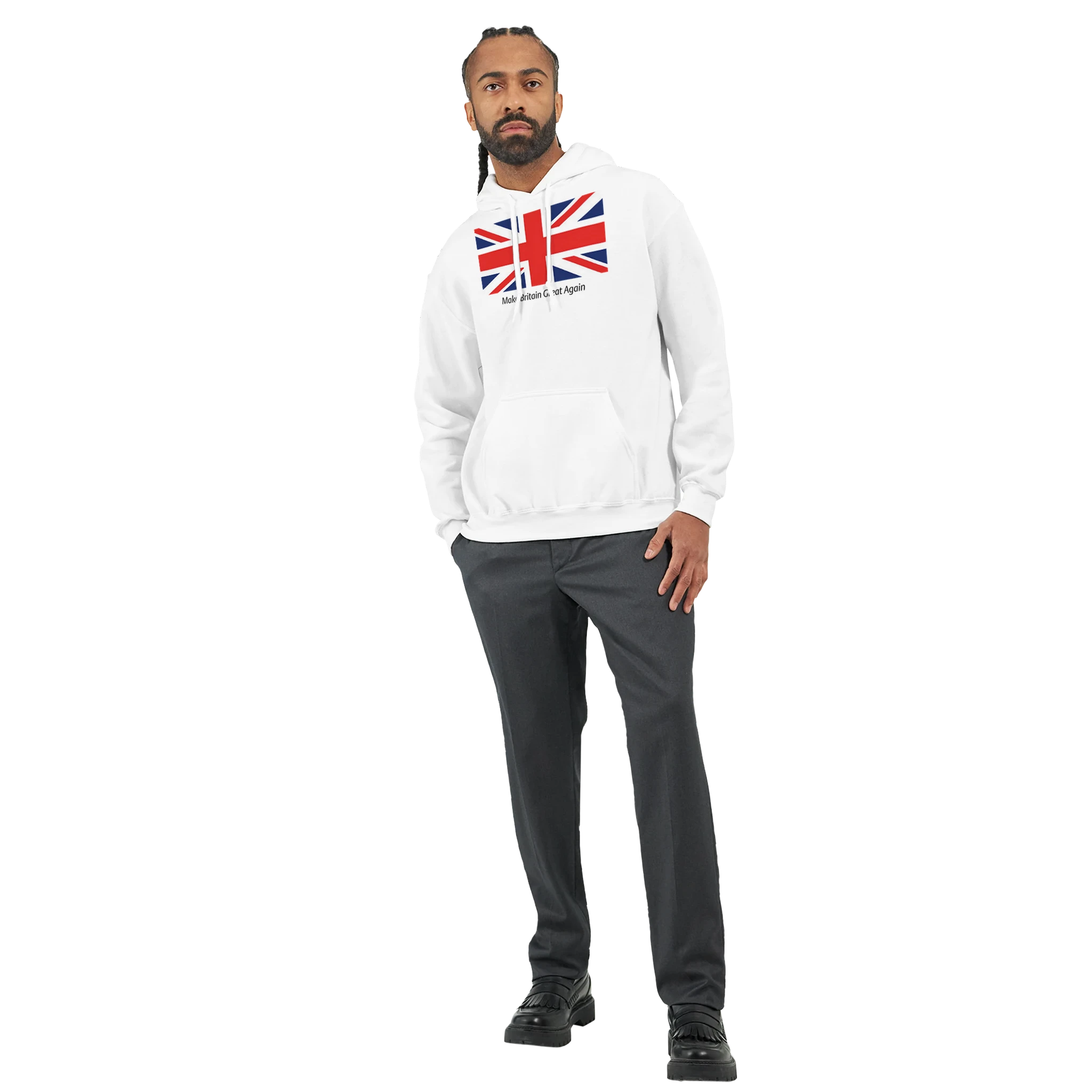 Men's Union Jack Hoodie in 50/50 cotton-poly, white with Union Jack graphic, sizes S-XL, cozy, durable.