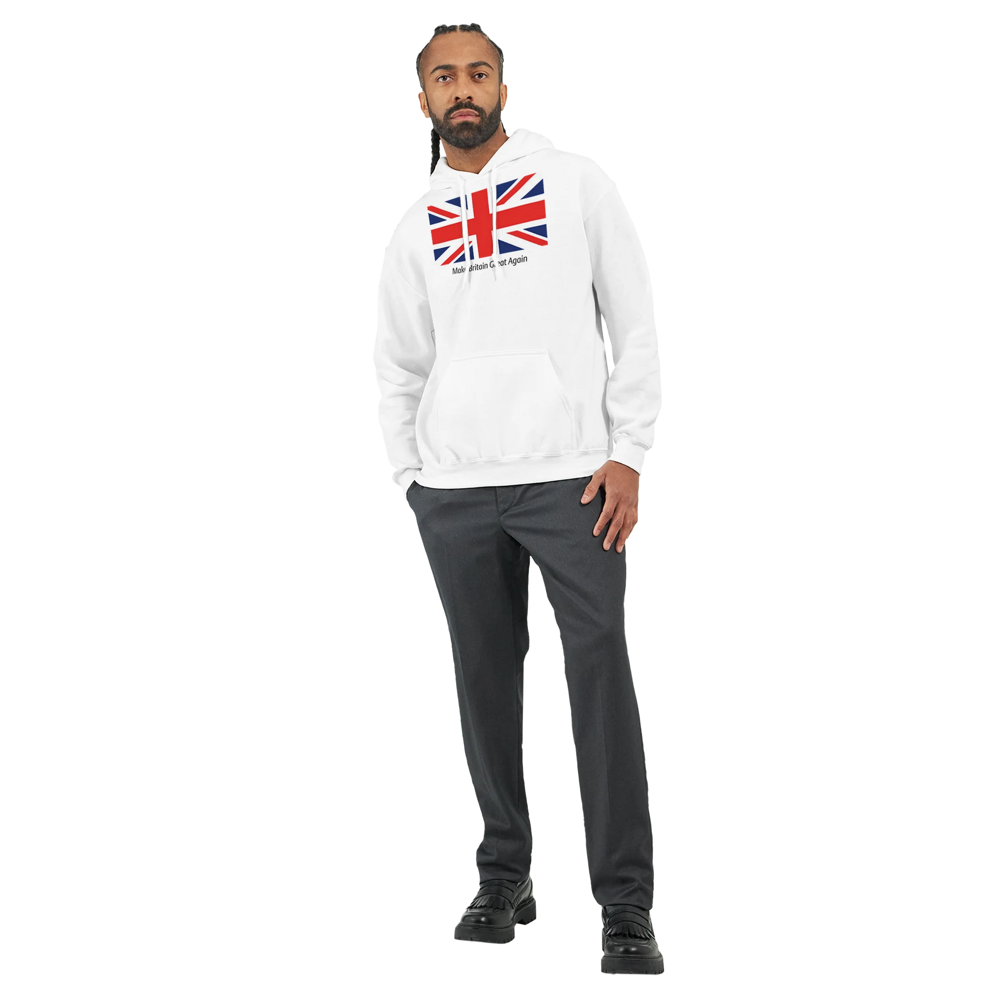 Man wearing a white men's union jack hoodie on a white background. 7