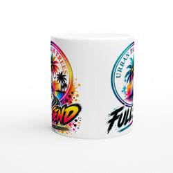 Full Send Petrolhead Mug featuring colorful Urban Palm Trees graffiti art and tire track graphics for car enthusiasts.