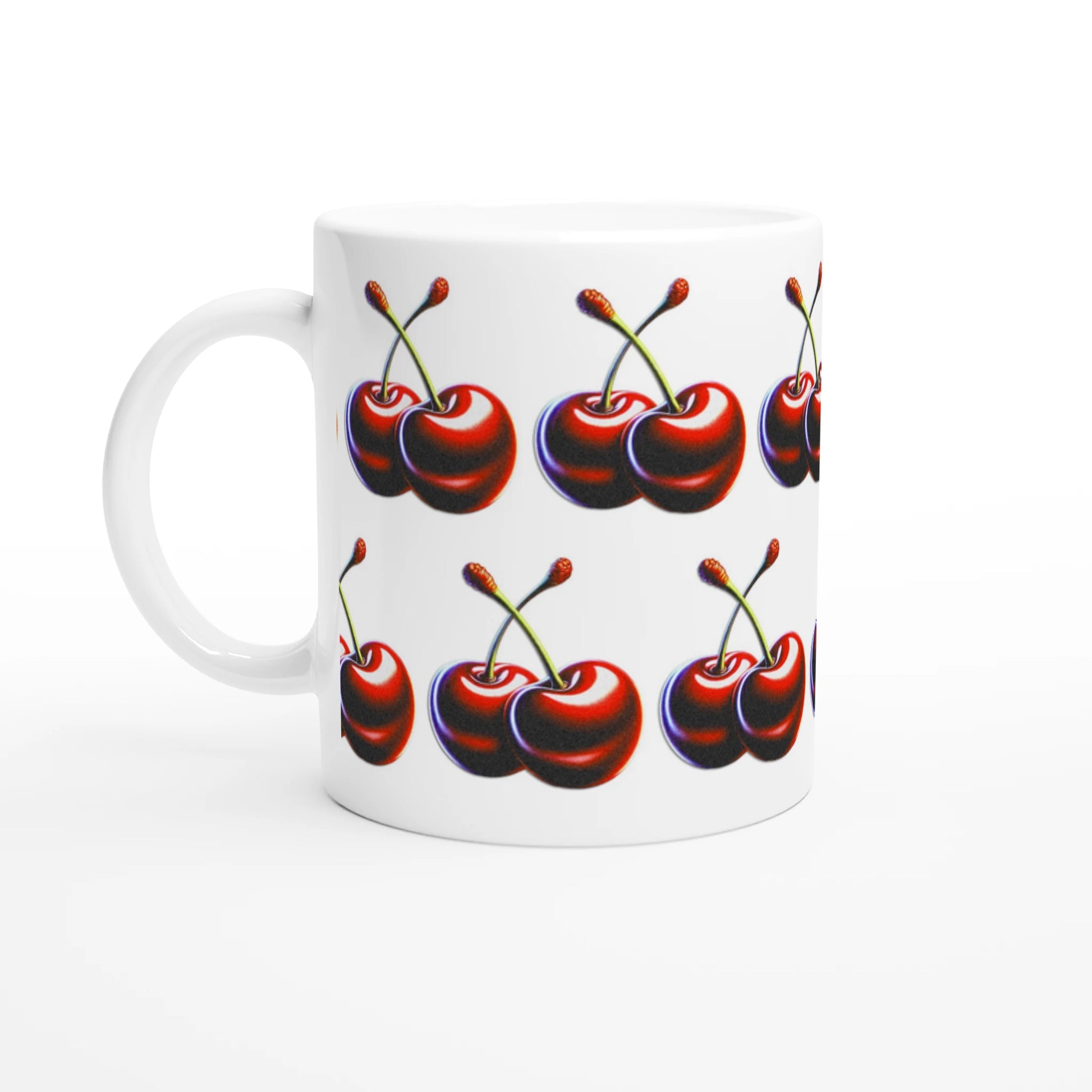 Cherry Mug Gift For Her: glossy white ceramic mug with vivid red cherry print.
