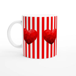 Red Stripe Heart Mug: a cute romantic ceramic coffee cup with red vertical stripes and heart shapes.