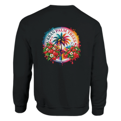 Black sweatshirt featuring a colorful retro tropical back print with a palm tree, strawberries, and Urban Palm Trees text.