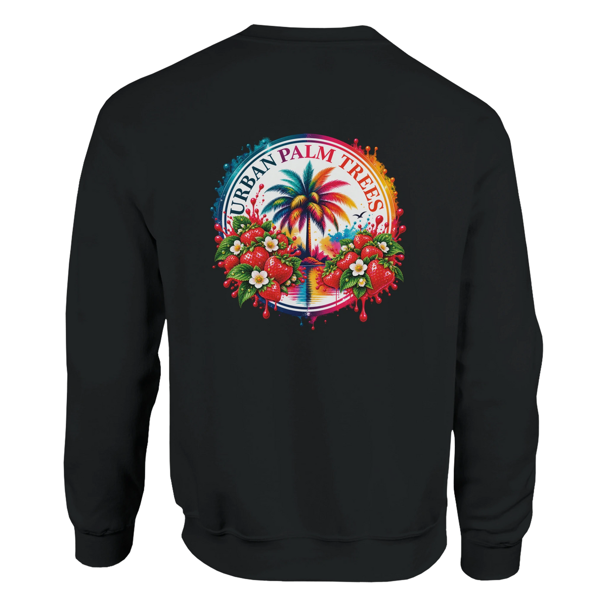 Black sweatshirt featuring a colorful retro tropical back print with a palm tree, strawberries, and Urban Palm Trees text.