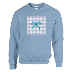 Light blue sweatshirt featuring a pastel gingham square graphic with a 3D blue bow for a coquette aesthetic pullover.