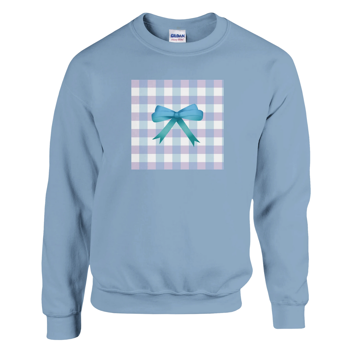 Light blue sweatshirt featuring a pastel gingham square graphic with a 3D blue bow for a coquette aesthetic pullover.