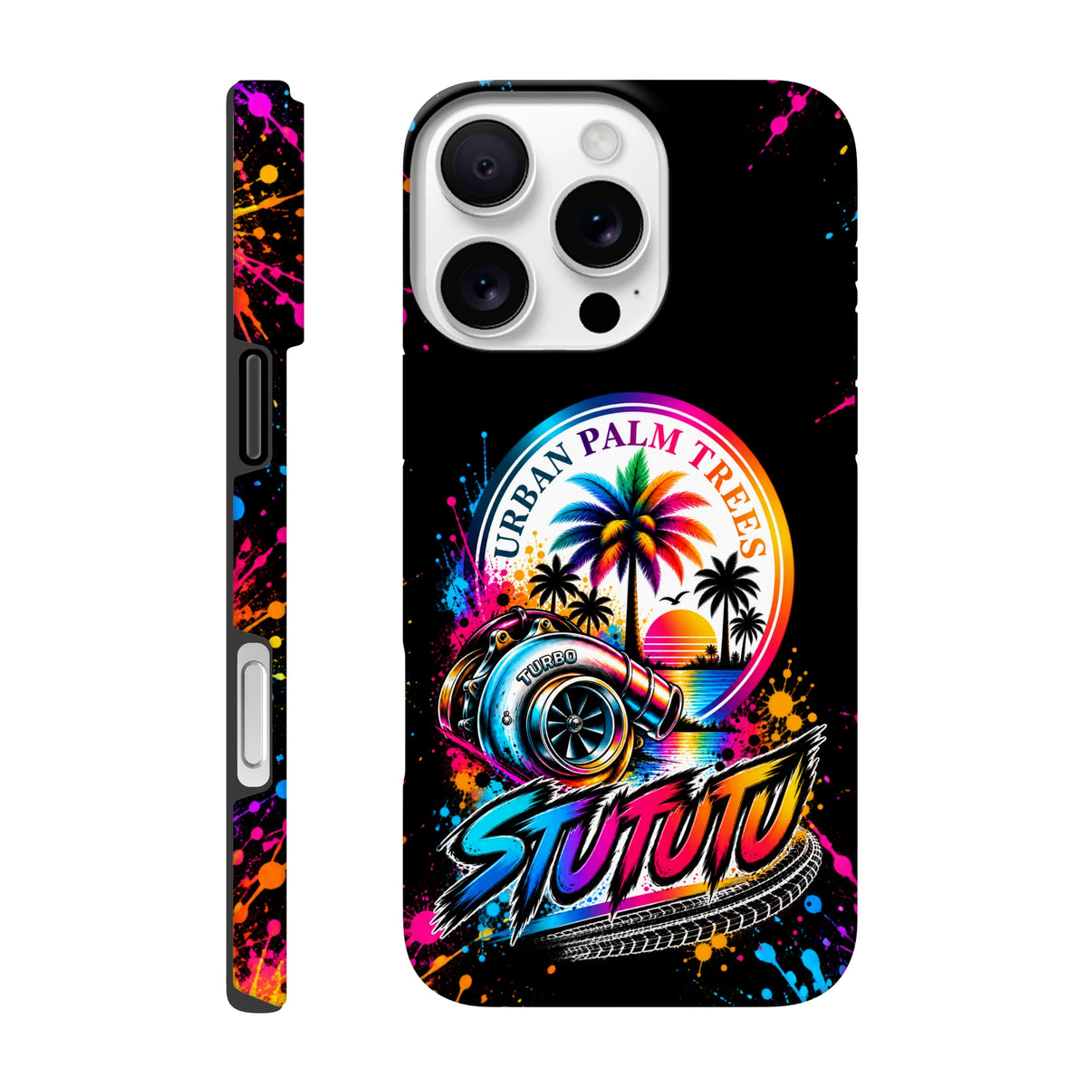Turbo Petrolhead iPhone case featuring vibrant turbocharger, palm trees, and colorful splatter art on black with wraparound print.