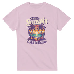 Mai Tai Dreams women's graphic T-shirt in pink cotton blend with tropical sunset and palm trees.