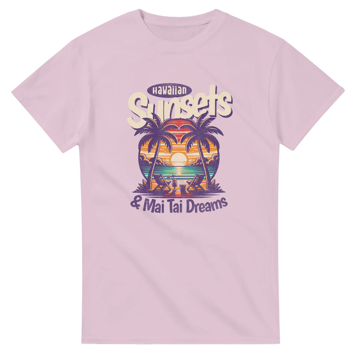 Mai Tai Dreams women's graphic T-shirt in pink cotton blend with tropical sunset and palm trees.