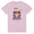 Mai Tai Dreams women's graphic T-shirt in pink cotton blend with tropical sunset and palm trees.