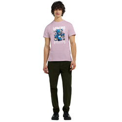 Male model wearing pink teddy bear graphic T-shirt with blue bear and "WANTED" Dead or Alive design.