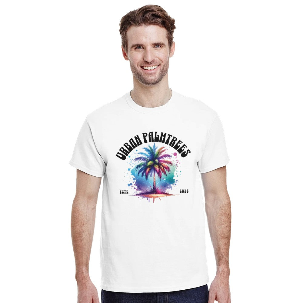 Man wearing white Urban Palm Trees men's graphic tee with watercolor palm design, cotton blend