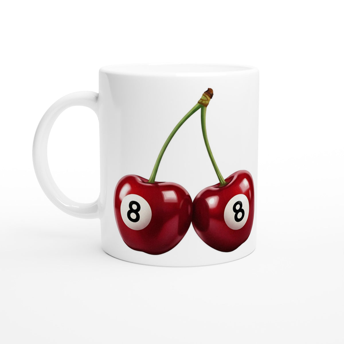 Lucky Cherries mug featuring two red cherries with the number 8 on each.