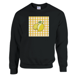 Black sweatshirt featuring a retro yellow lemon graphic on a gingham check background for a vintage fruit-inspired look.