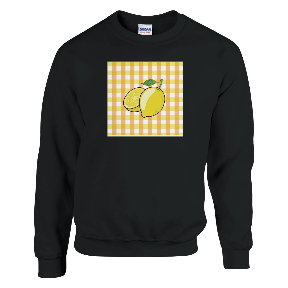 Black sweatshirt featuring a retro yellow lemon graphic on a gingham check background for a vintage fruit-inspired look.