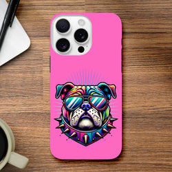 Pink bulldog iPhone case (13-16) with wraparound retro dog print and shock-absorbing protection.