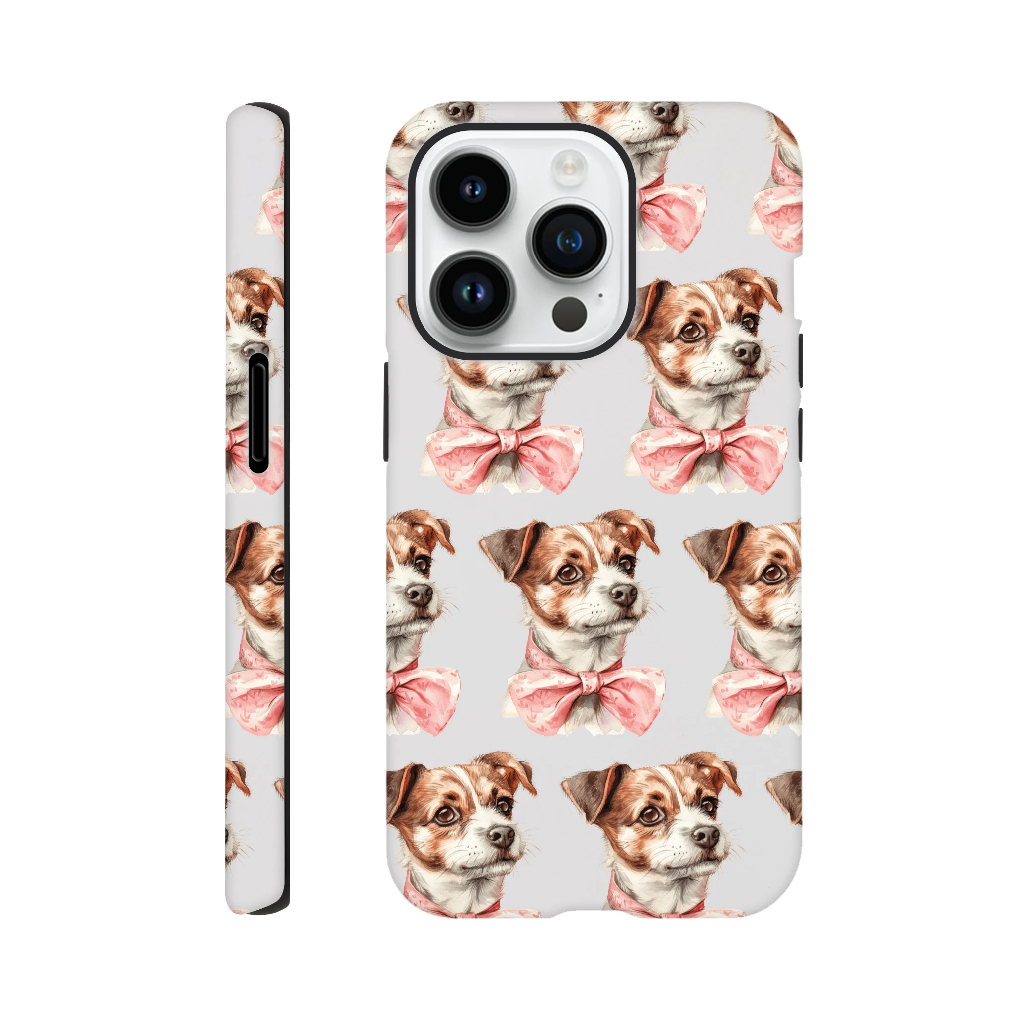 Cute dog pattern iPhone case with pink bow, dual-layer tough protective cover for iPhone 16/15/14/13