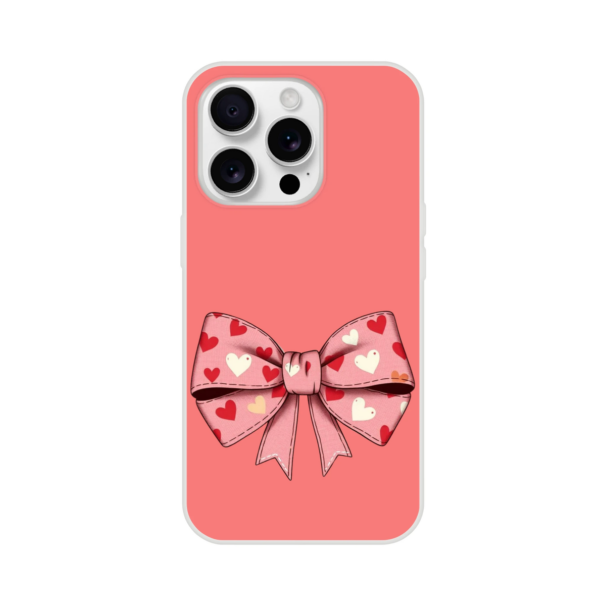 Pink iPhone case with a large heart-pattern bow for iPhone 13–16, in a cute coquette aesthetic.