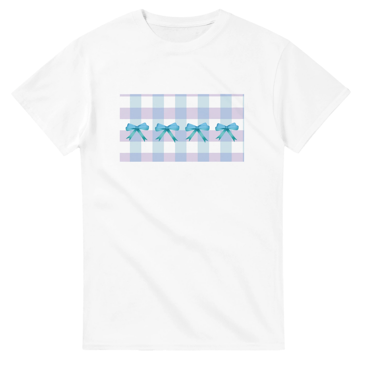 White T-shirt with pastel blue and lavender gingham panel and blue bows across the front.