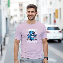 Man in pink Teddy Bear graphic T-shirt featuring a blue bear and Dead or Alive print, casual streetwear