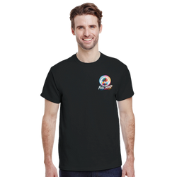 Man wearing black t-shirt with colorful Urban Palm Trees Full Send graphic featuring a palm tree and retro sunset design on the chest.