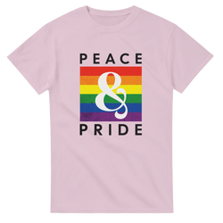 Pink retro t-shirt featuring vintage rainbow graphic with "PEACE & PRIDE" text and large white ampersand.