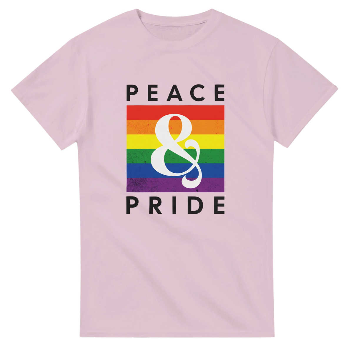 Pink retro t-shirt featuring vintage rainbow graphic with "PEACE & PRIDE" text and large white ampersand.