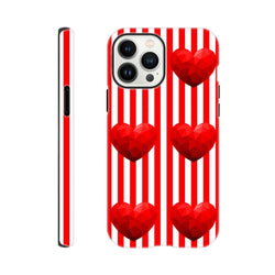 Red and white striped iPhone case featuring low-poly red hearts. Retro love heart phone cover with tough impact resistance for daily carry.