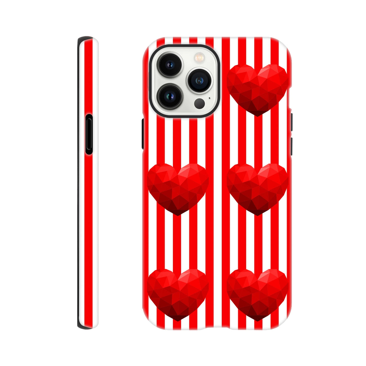 Red and white striped iPhone case featuring low-poly red hearts. Retro love heart phone cover with tough impact resistance for daily carry.