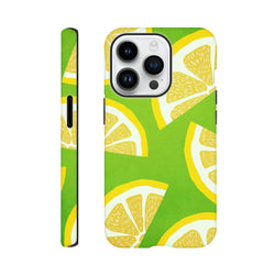Green citrus lemon slice pattern iPhone case with shock-absorbing protection for urban commutes and curb drops.